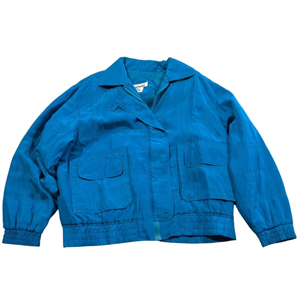 Lavon‎ Petite Women's 100% Silk Bomber Jacket Blue Zip Utility Pockets PM EUC